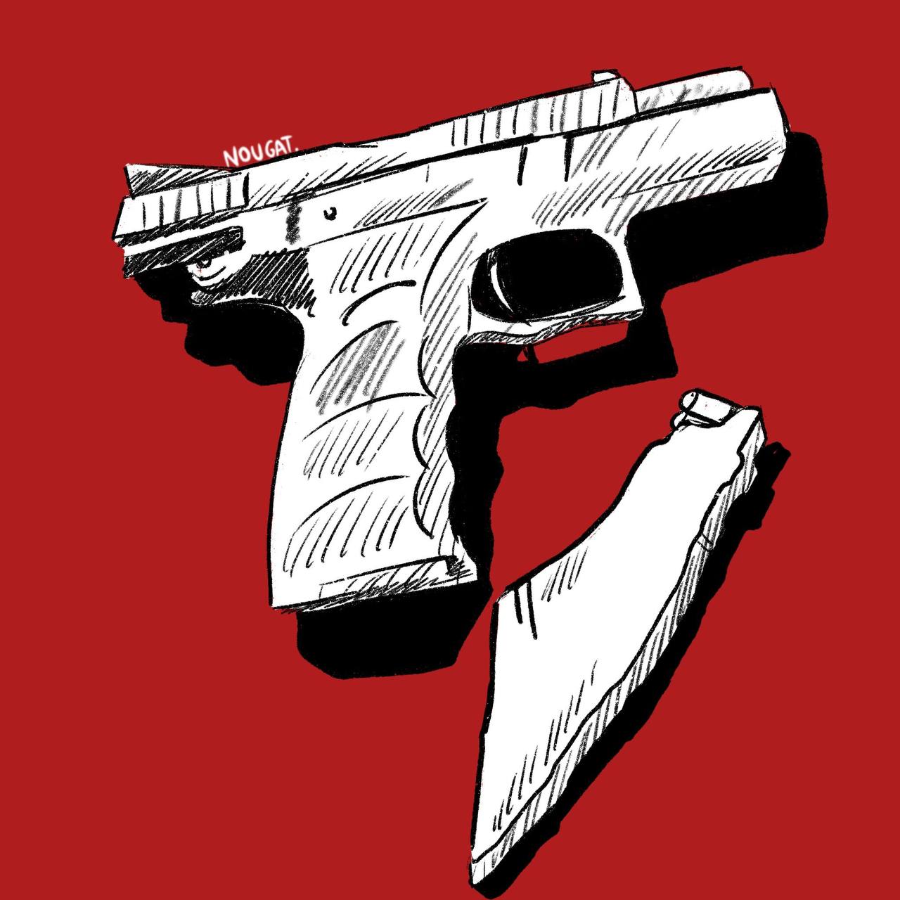 An image of a white pistol and map of Palestine against a red background.